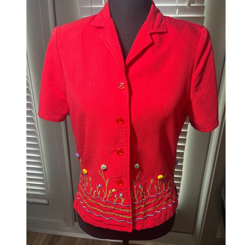 Vintage Ali Miles Petites PS Red Embroidered‎ Floral Camp Shirt Button Front Top